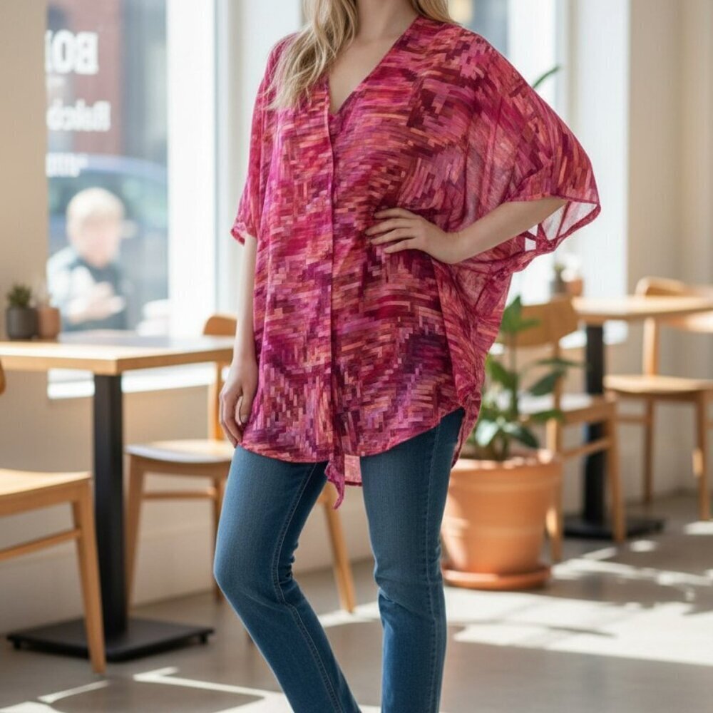 Ana A New Approach Blouse Women's XL Floral Sheer Lightweight V-Neck Tie